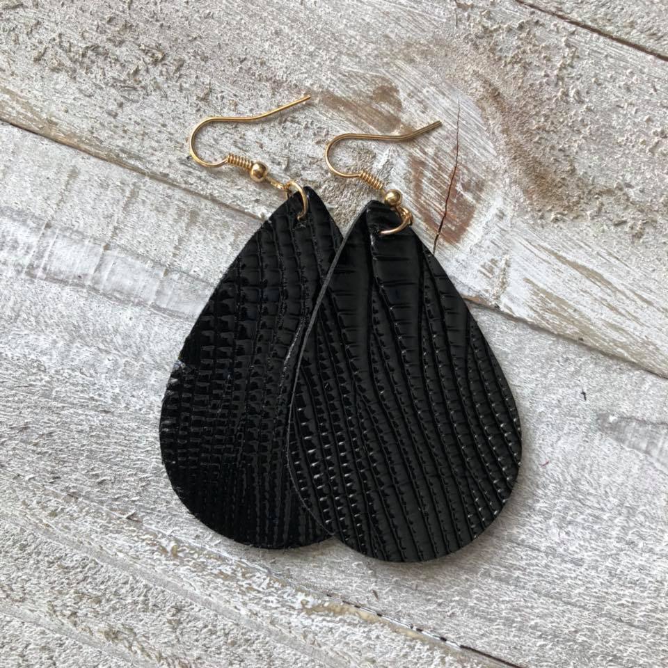 Black Textured Double Sided Leather Earrings