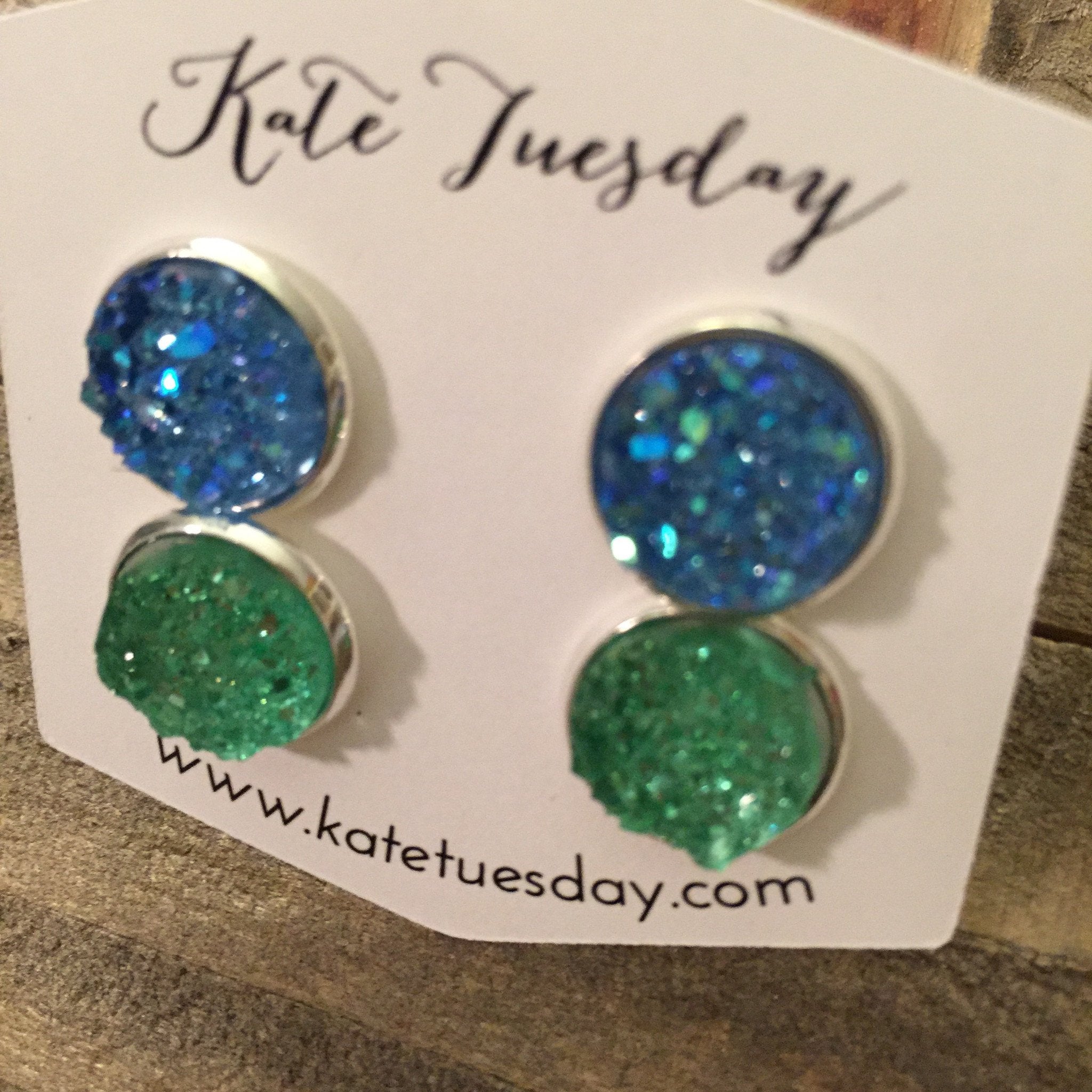 Green + Blue Set of 12mm Druzy Earrings