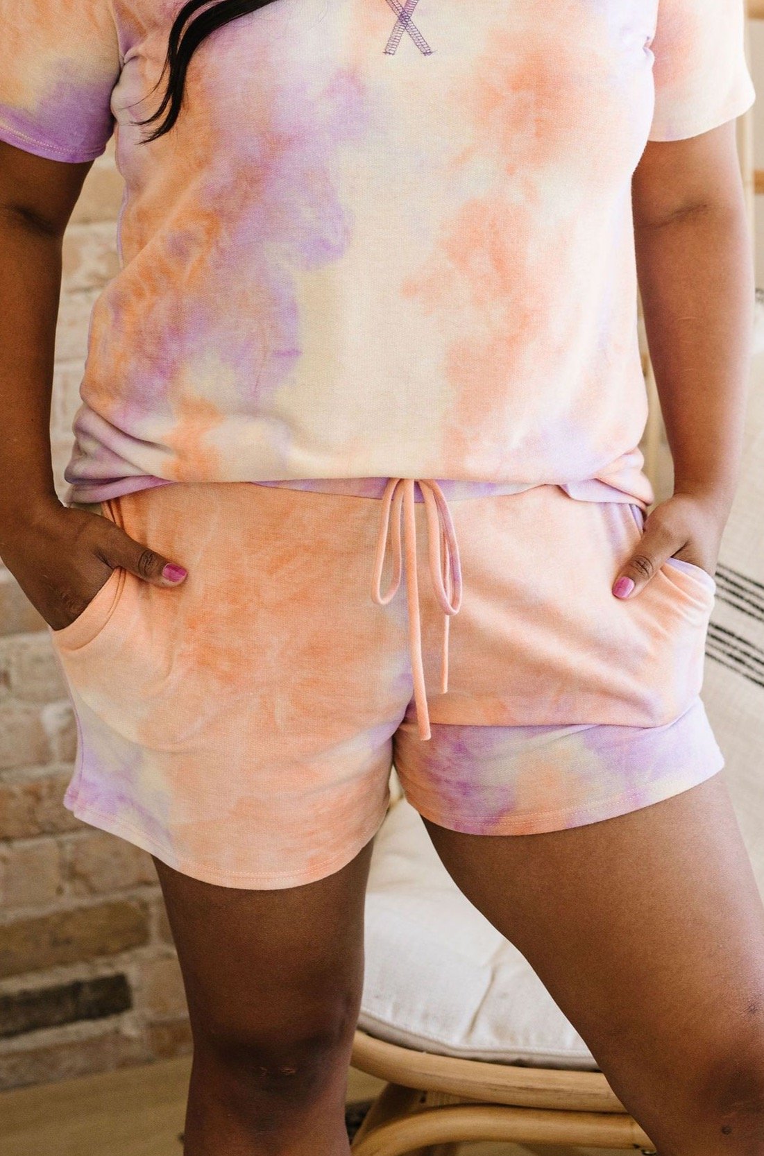 Brushed Knit Tie Dye Lounge Shorts In Coral