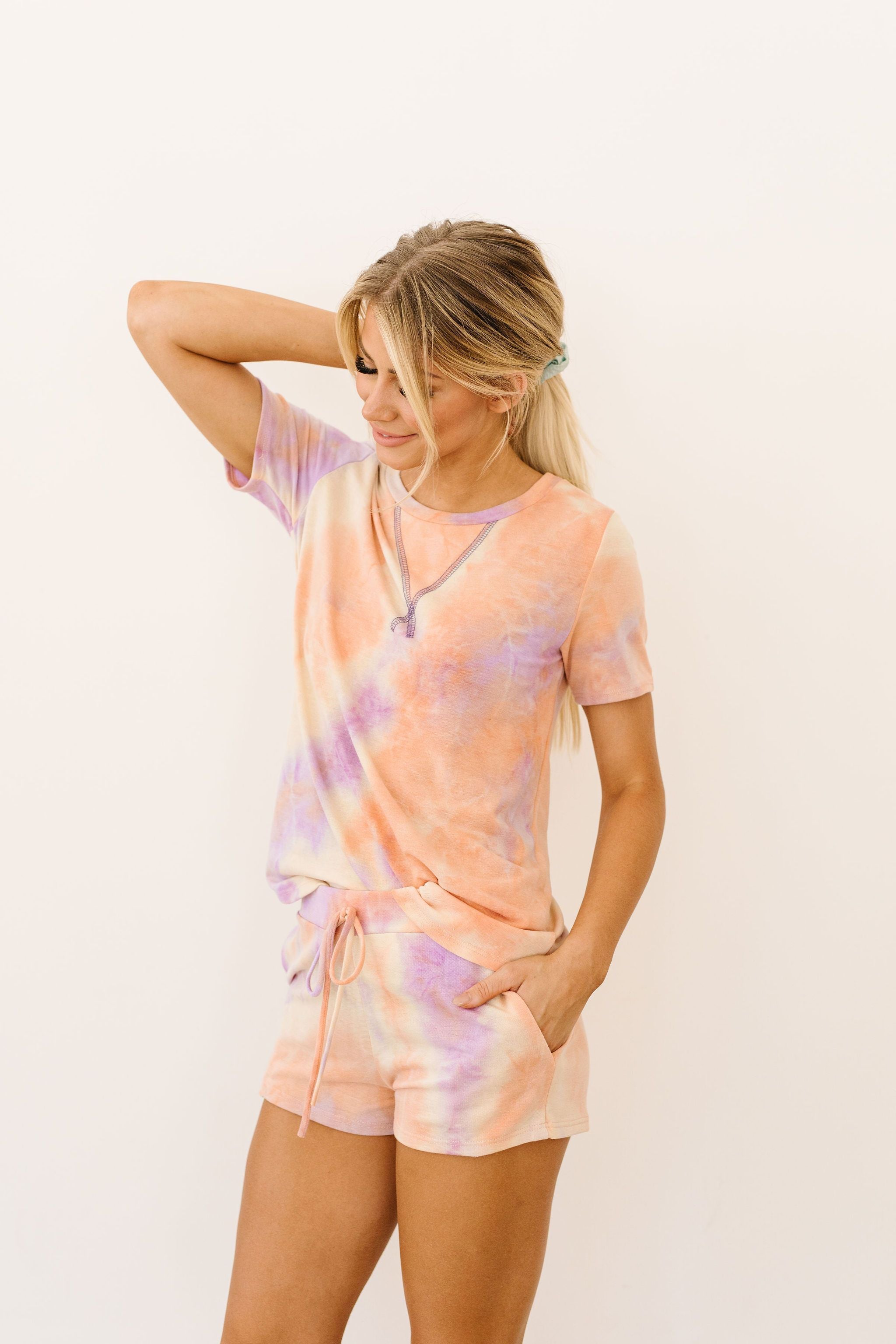 Brushed Knit Tie Dye Lounge Top In Coral