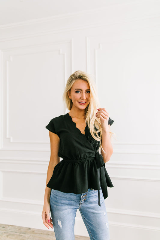Charlotte Scalloped V Black Blouse