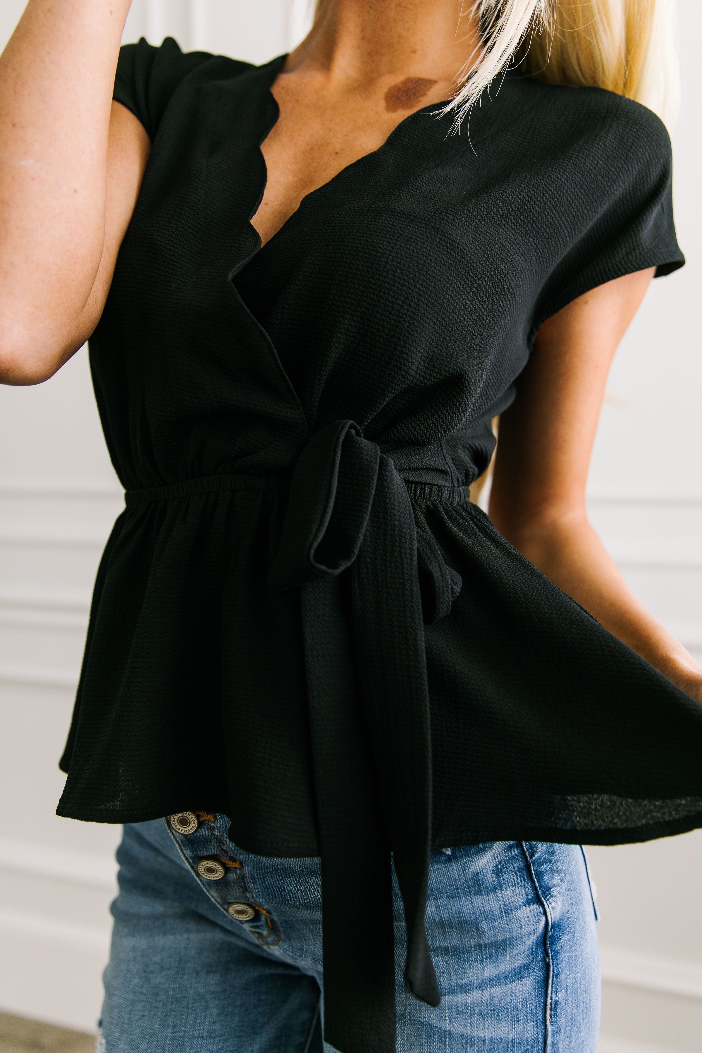 Charlotte Scalloped V Black Blouse