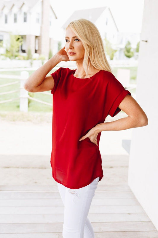 Chelsea Rolled Sleeve Top In Ruby Red