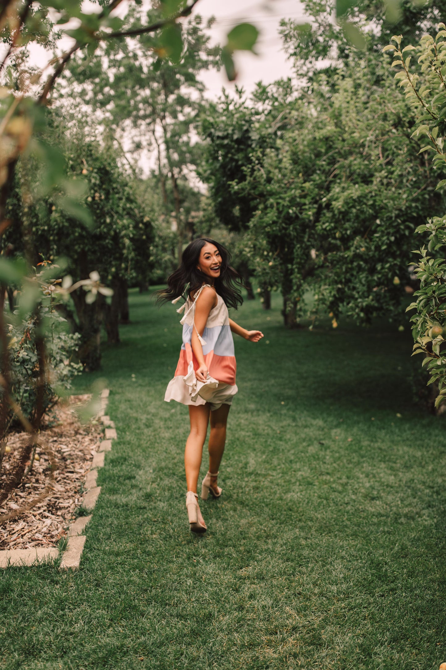 Color Block Ruffles Midi Dress In Coral