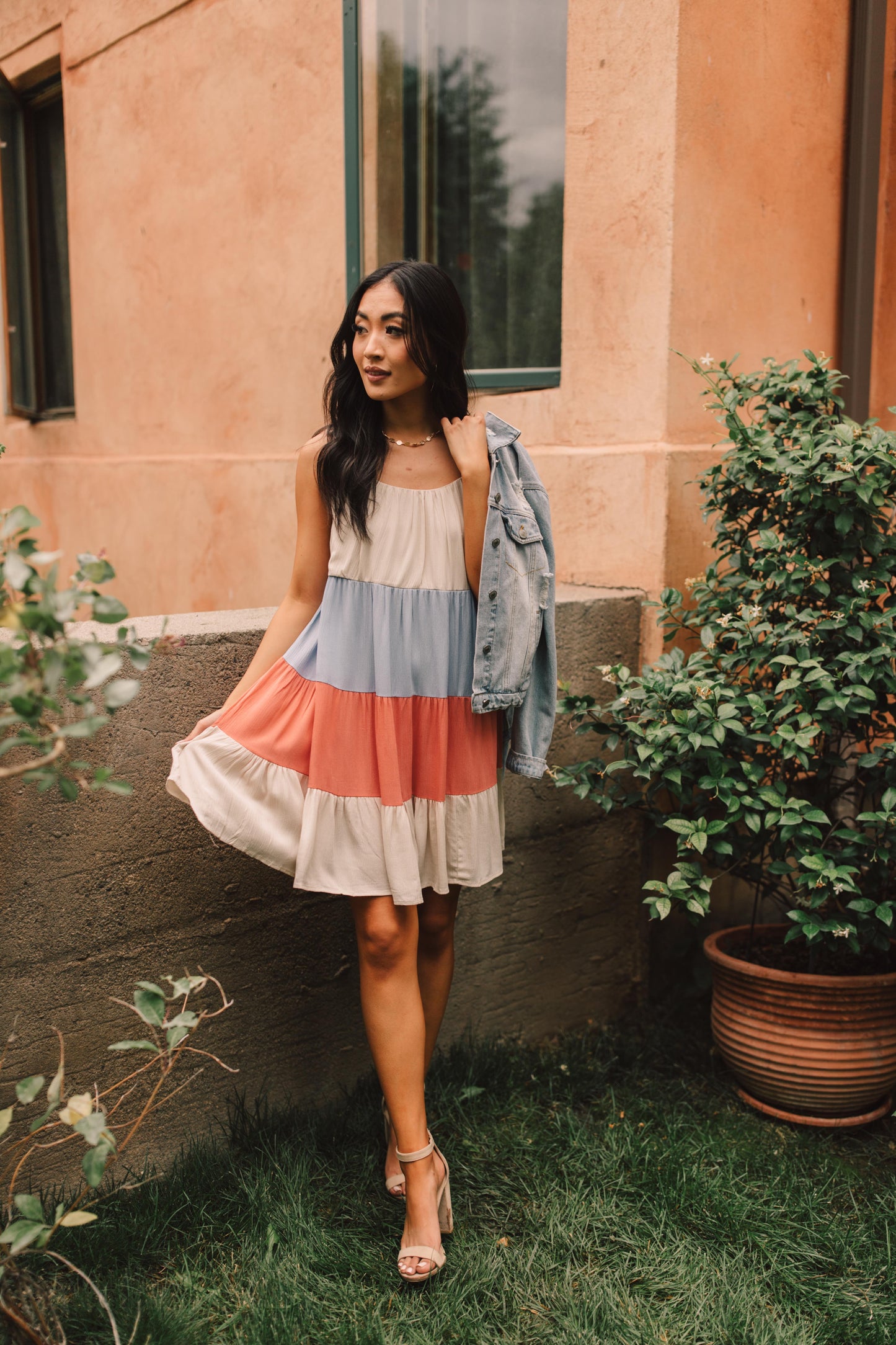 Color Block Ruffles Midi Dress In Coral