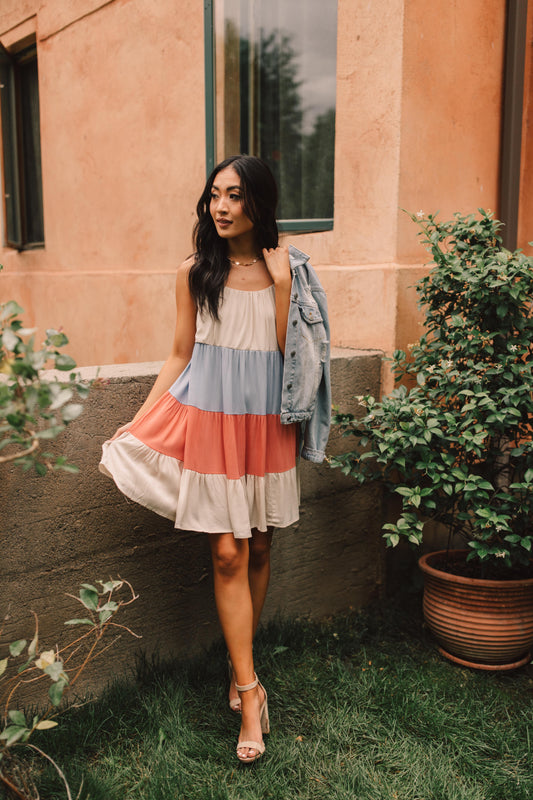 Color Block Ruffles Midi Dress In Coral