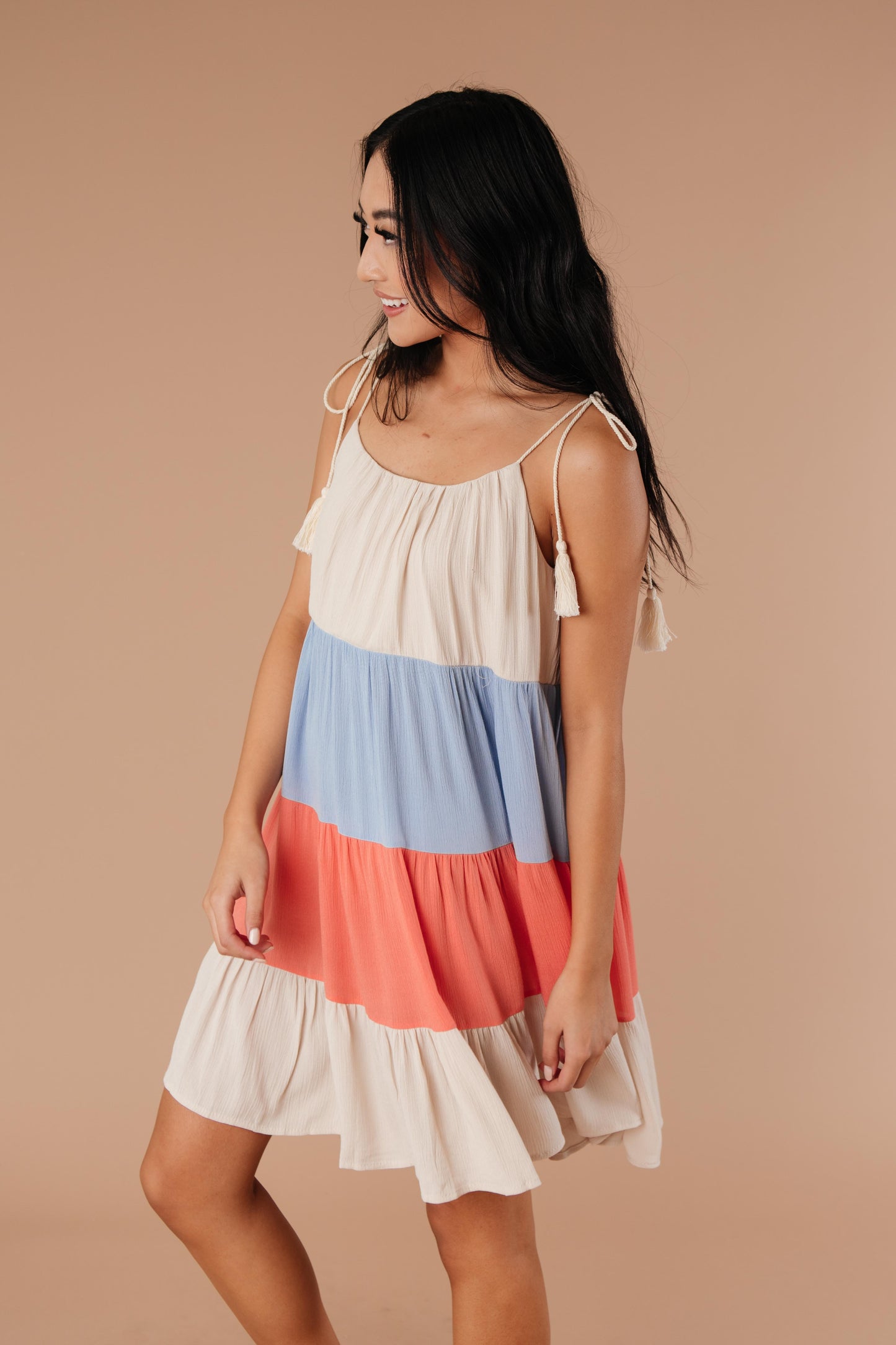 Color Block Ruffles Midi Dress In Coral