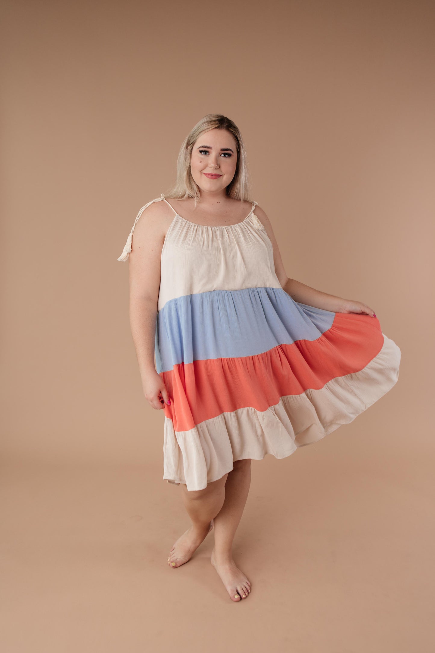 Color Block Ruffles Midi Dress In Coral