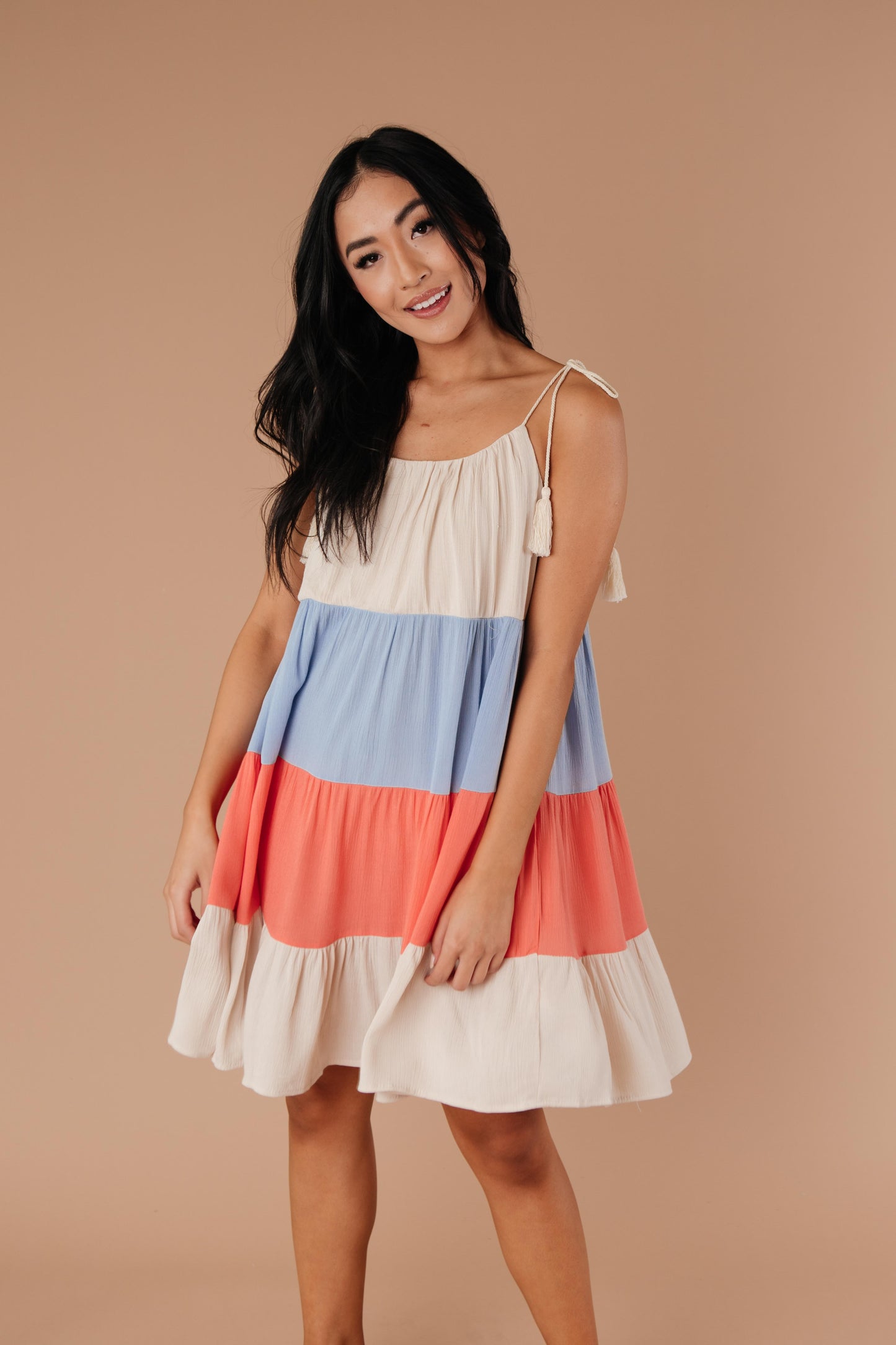 Color Block Ruffles Midi Dress In Coral
