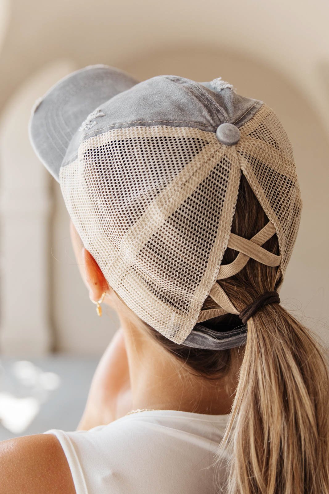 Criss Cross Ponytail Baseball Cap in Slate