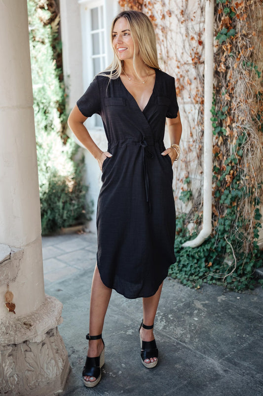 Crossover Midi Dress in Black