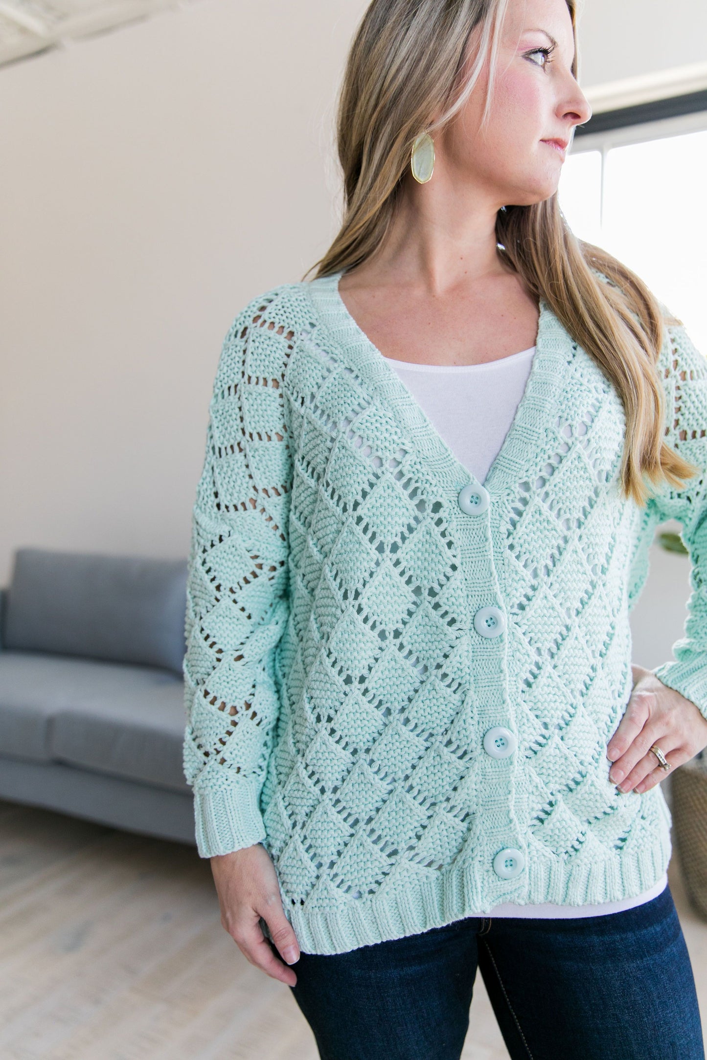 Delilah Diamond Knit Cardi In Mint - ALL SALES FINAL