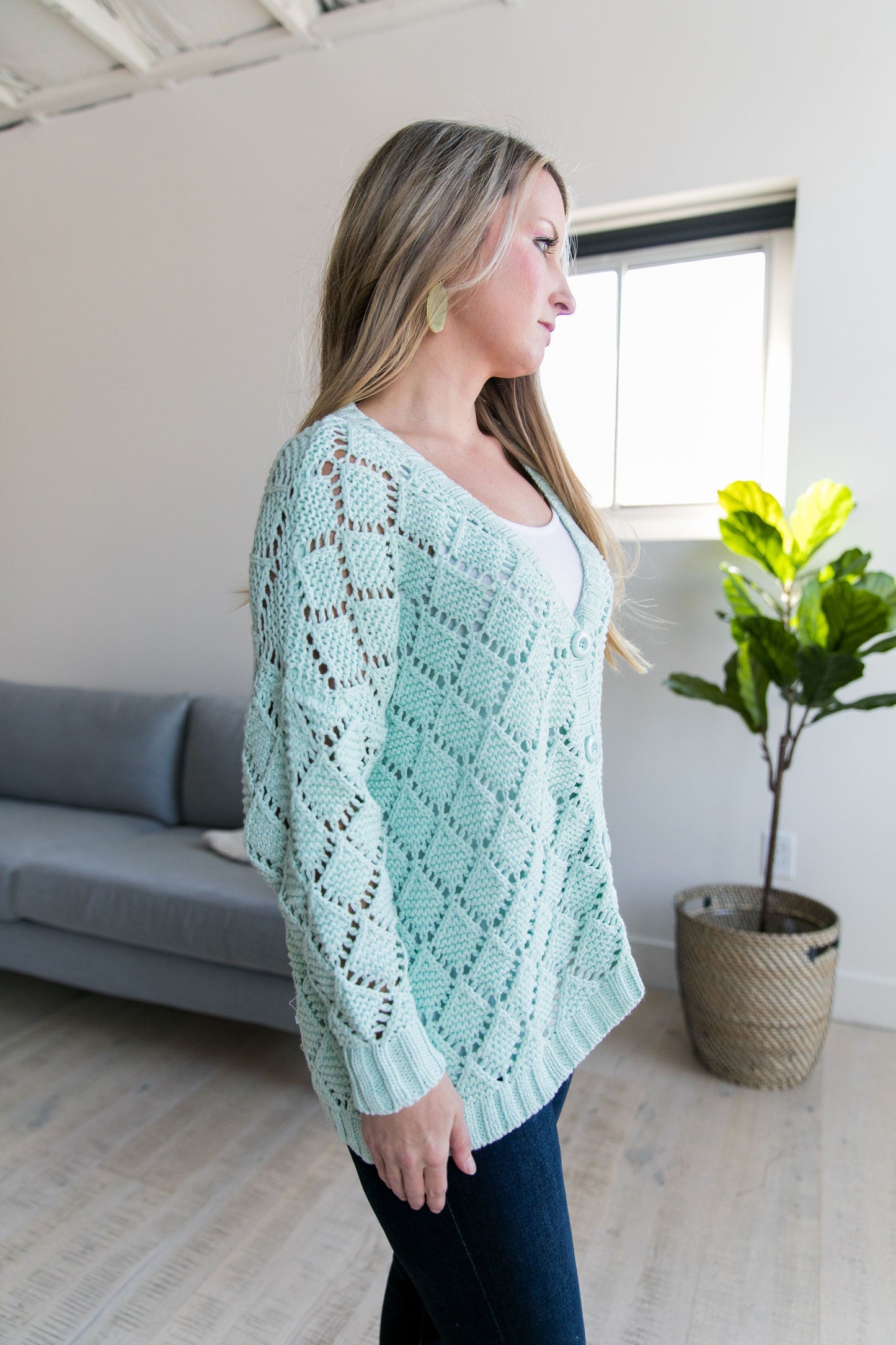 Delilah Diamond Knit Cardi In Mint - ALL SALES FINAL