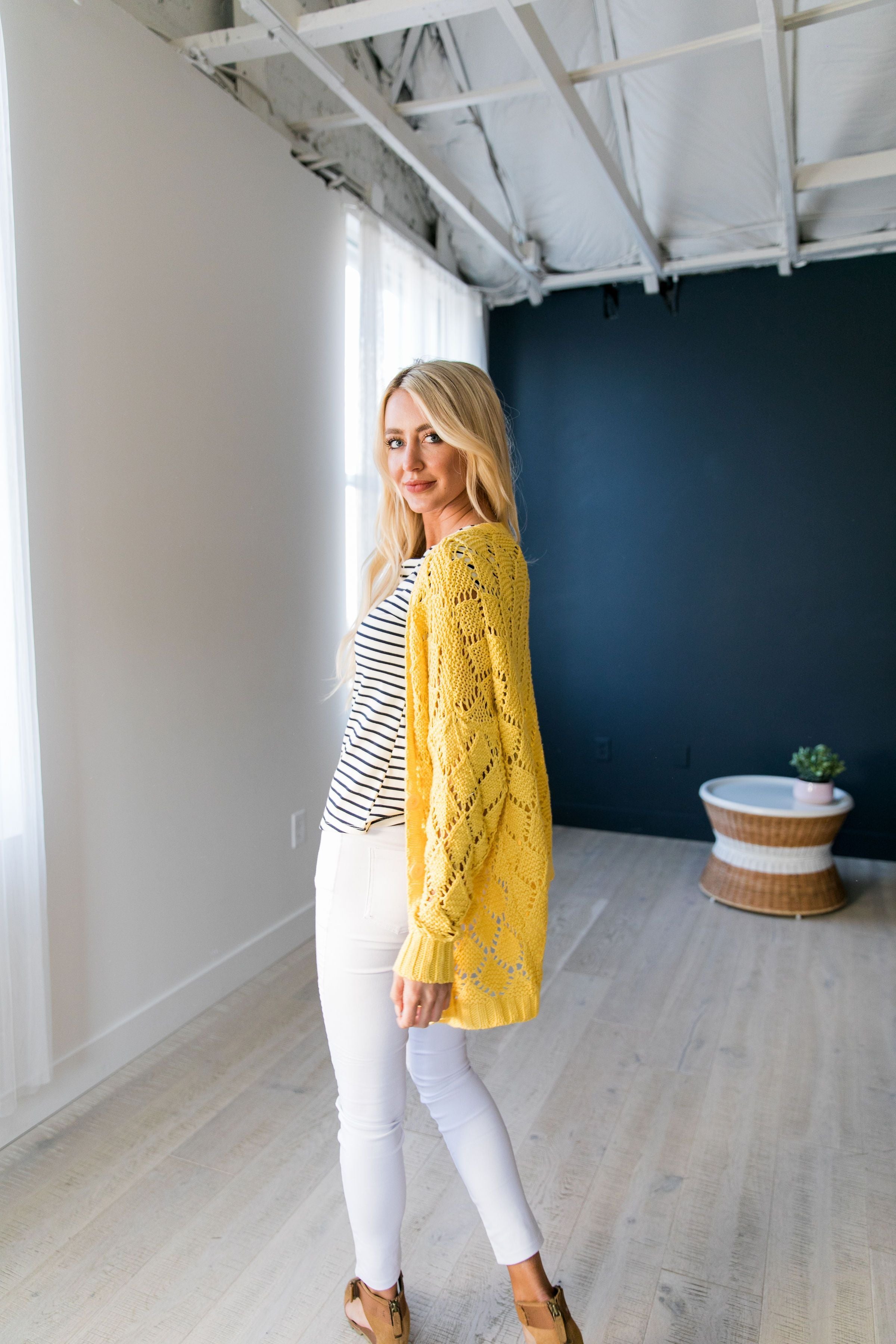 Delilah Diamond Knit Cardi In Yellow - ALL SALES FINAL