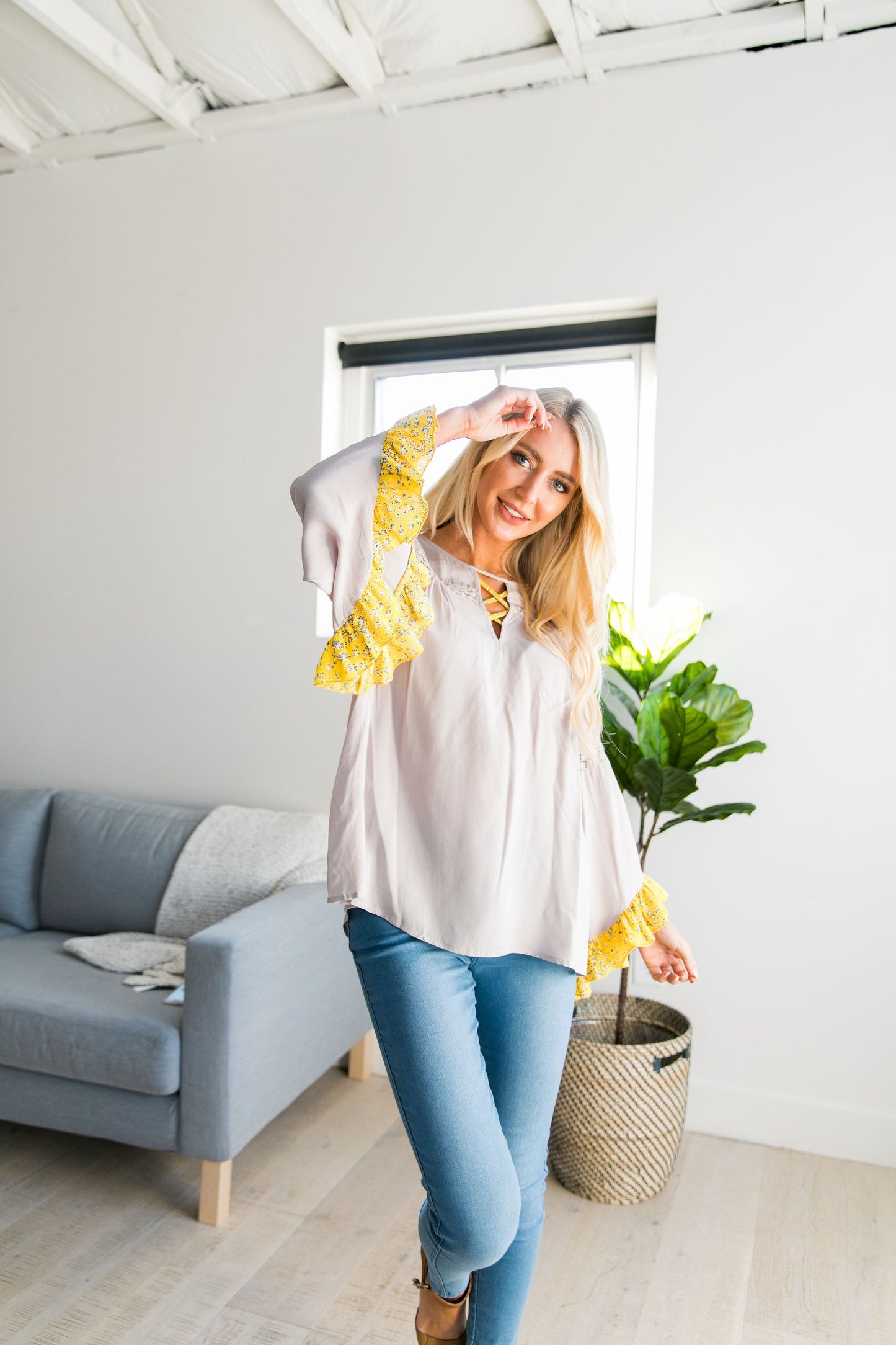 Divine Details Top In Taupe + Yellow