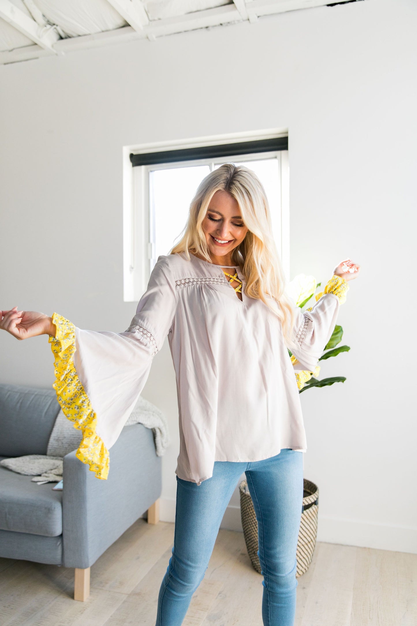 Divine Details Top In Taupe + Yellow