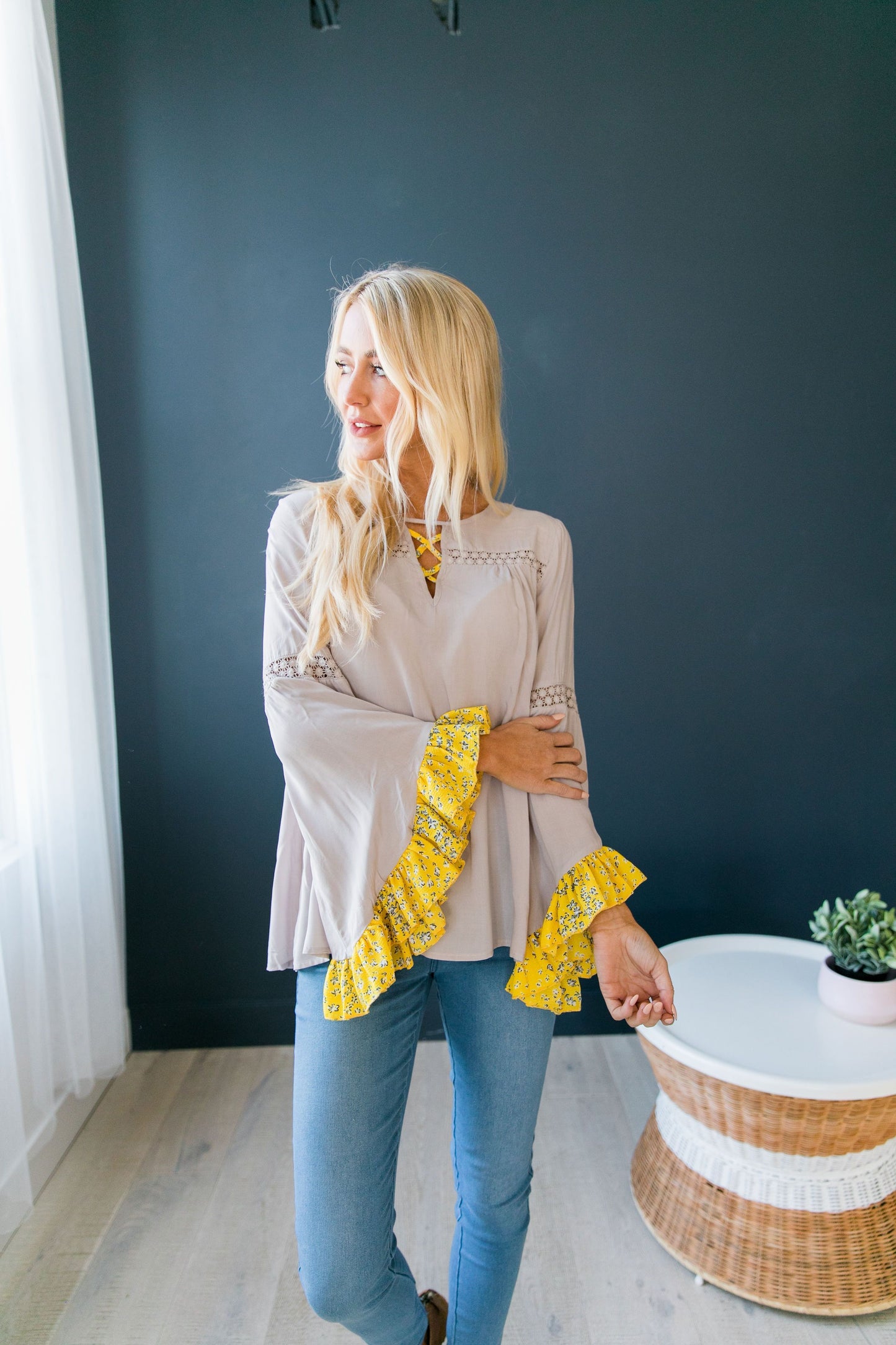 Divine Details Top In Taupe + Yellow