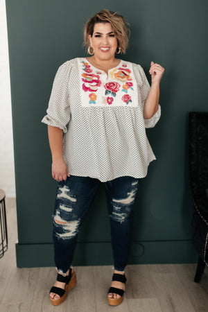 Embroidery and Dots Blouse in Ivory