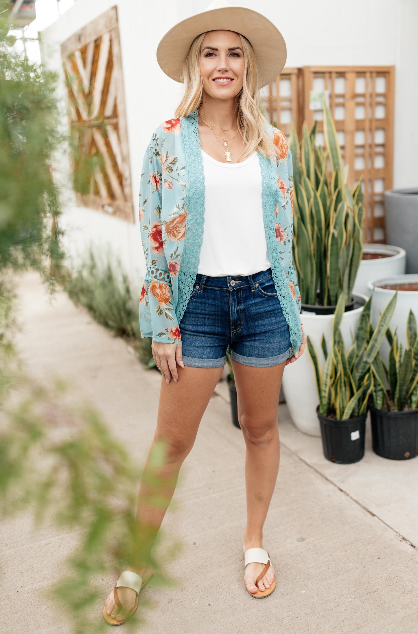 Floral Bell Sleeve Kimono in Mint