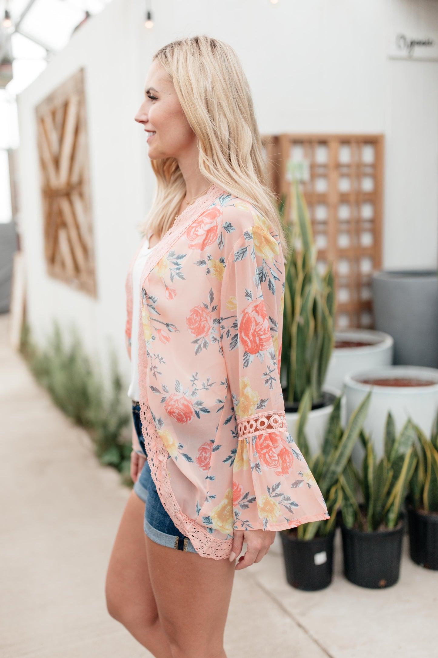 Floral Bell Sleeve Kimono in Pink