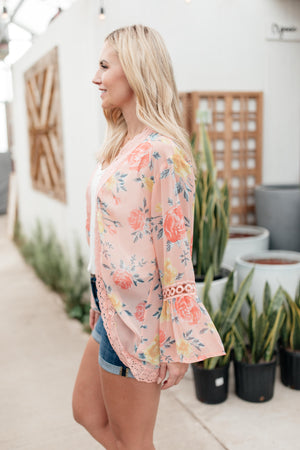 Floral Bell Sleeve Kimono in Pink