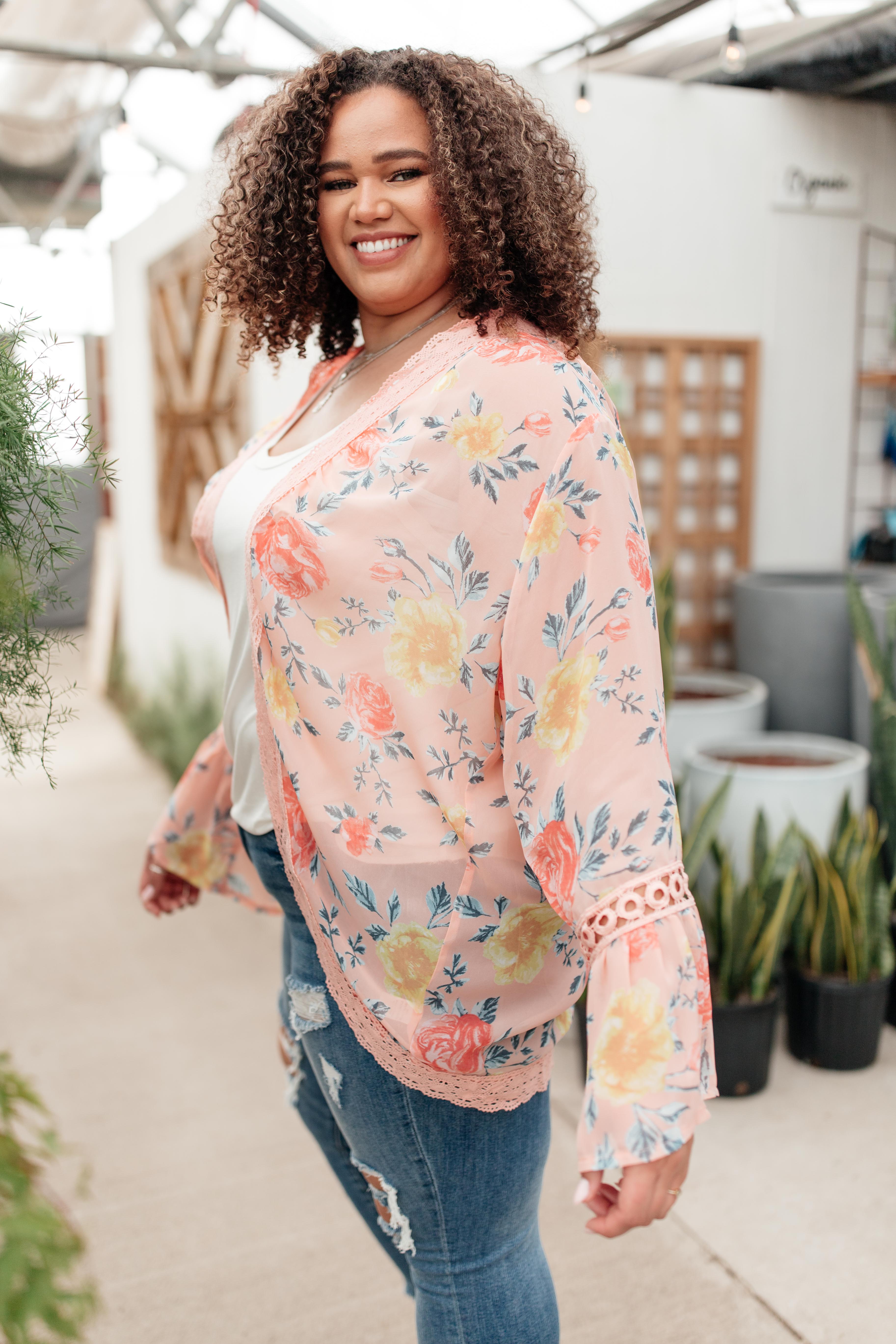 Floral Bell Sleeve Kimono in Pink