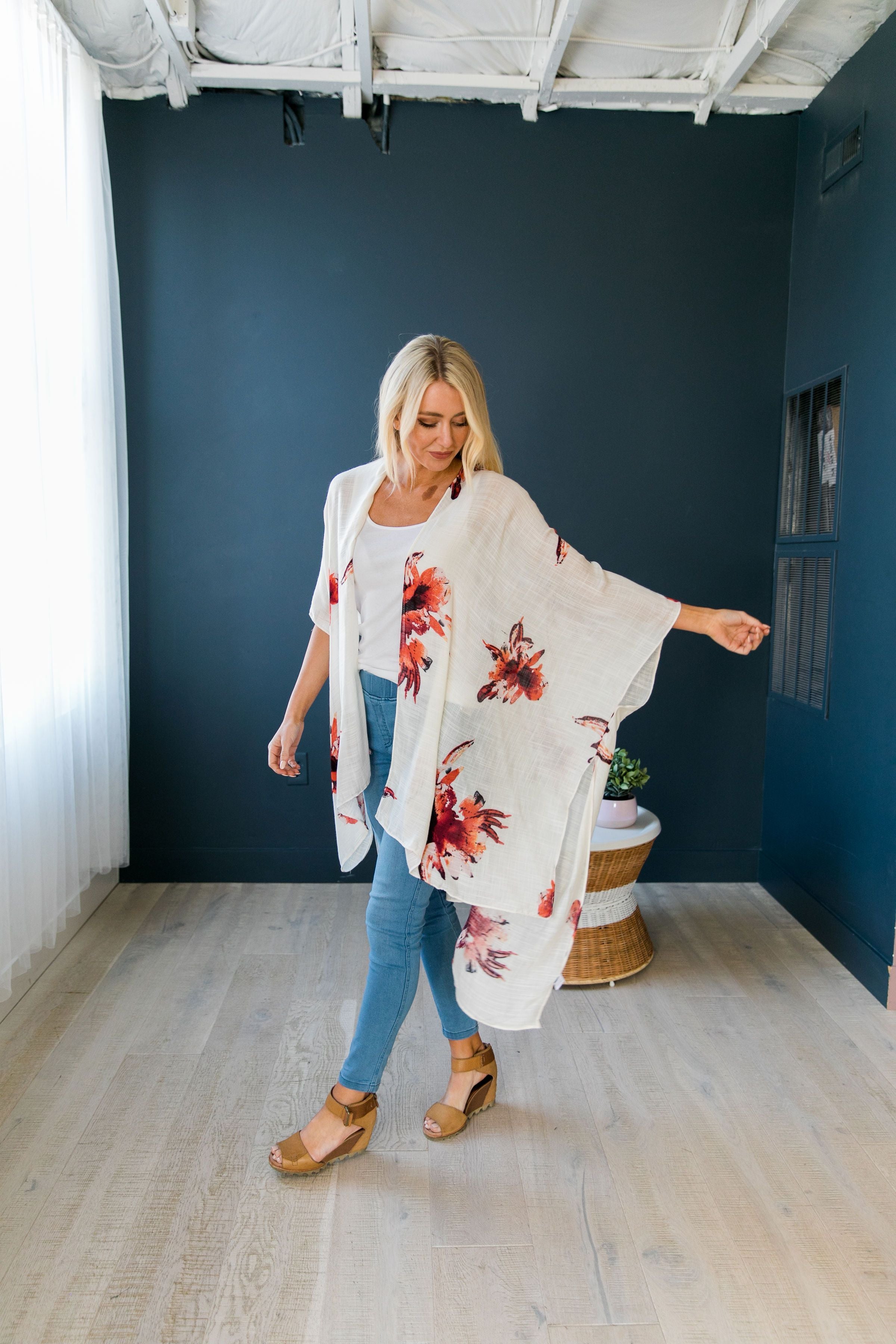 Flowing Floral Kimono in Ivory