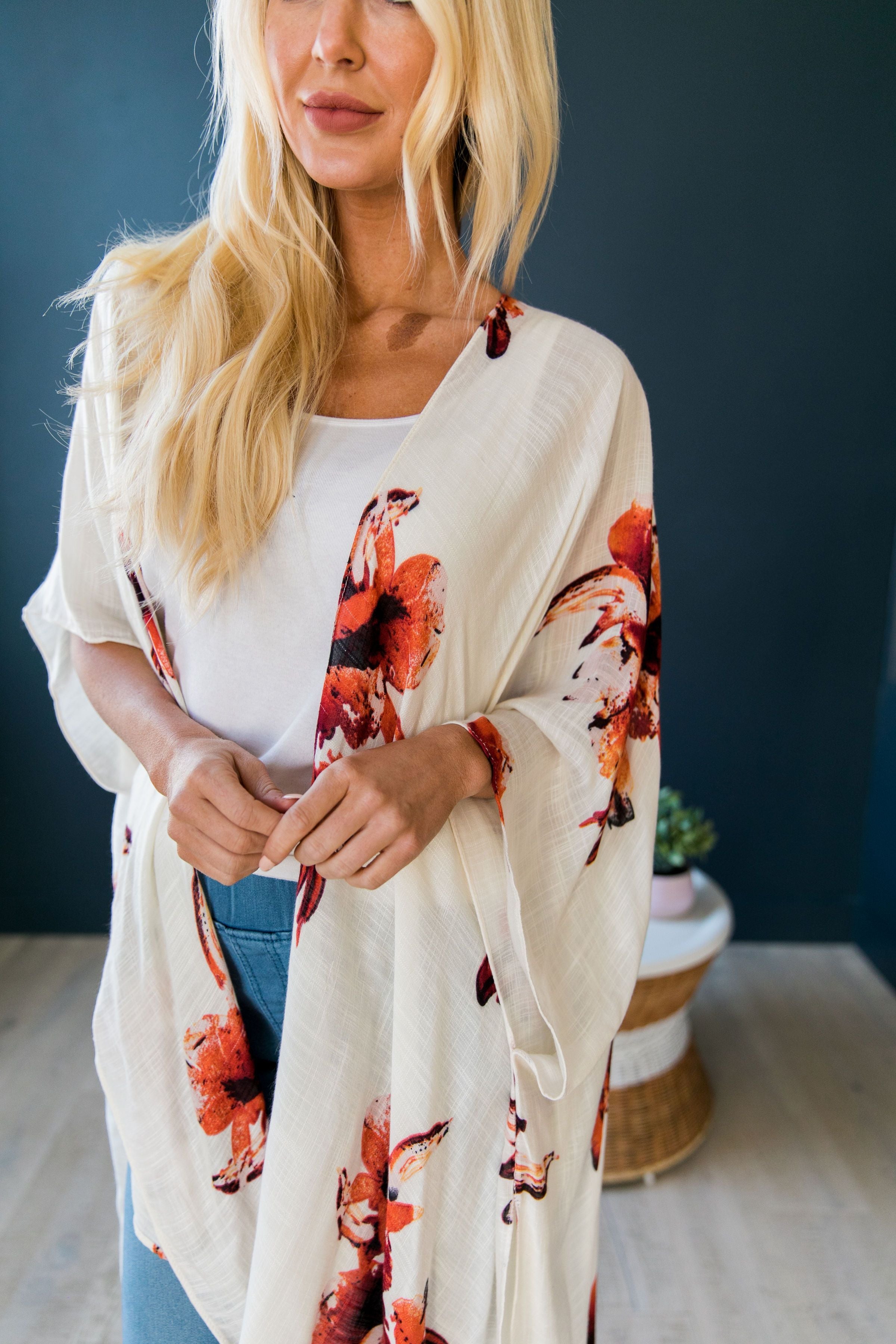 Flowing Floral Kimono in Ivory