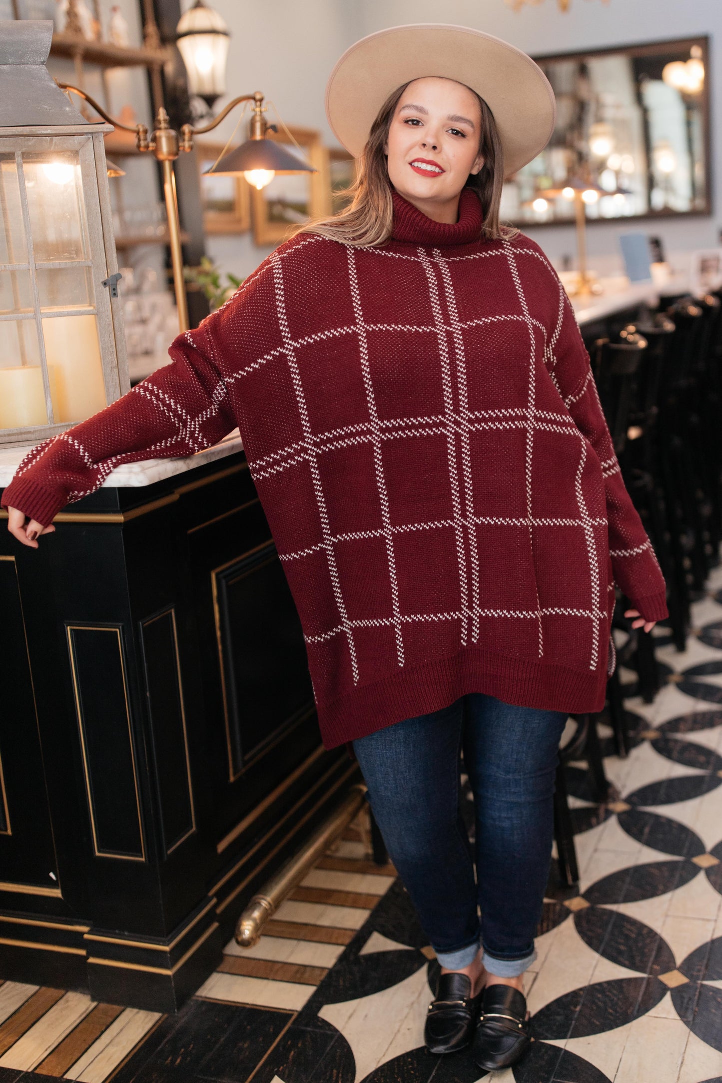 Grand Grid Print Sweater in Maroon
