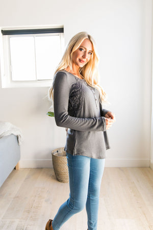 Heidi Lace Trimmed Henley In Charcoal