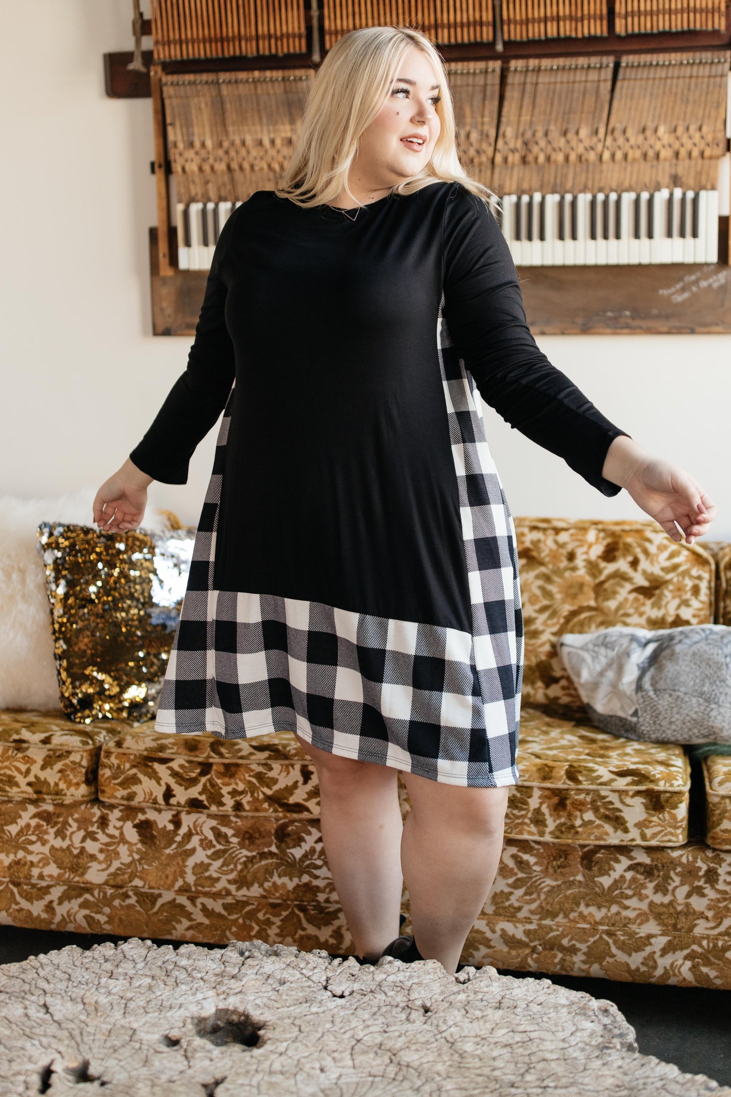 Hints Of Plaid Dress in Ivory