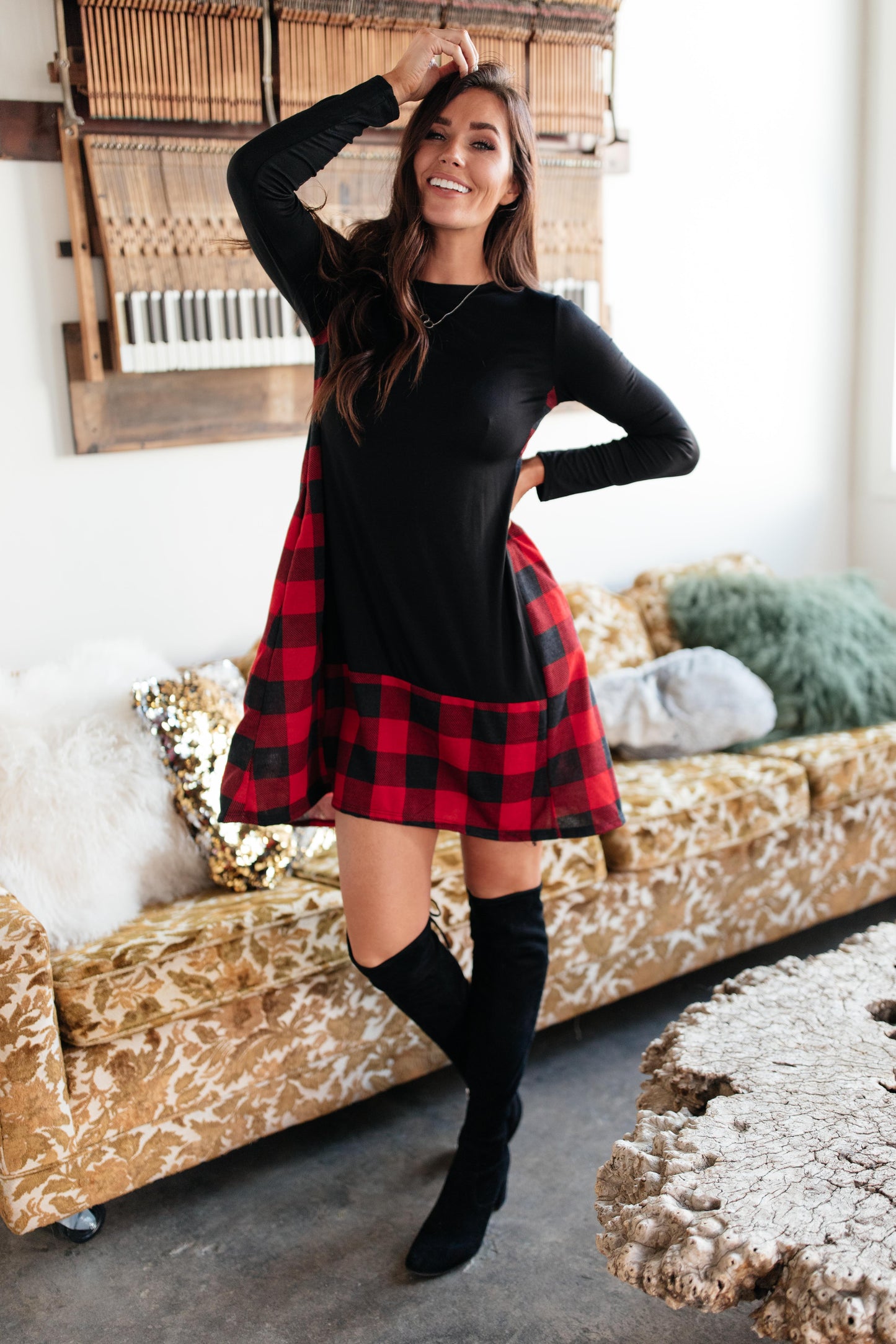 Hints Of Plaid Dress in Red