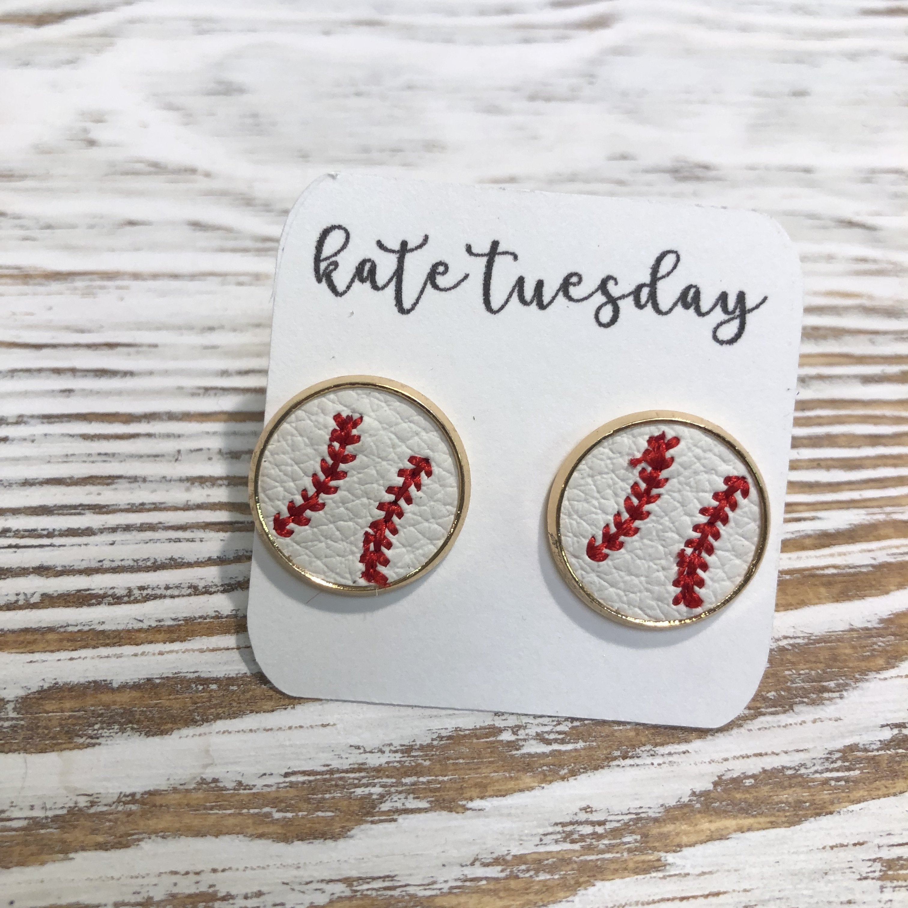 Baseball Leather Embroidered Stud Earrings 14mm