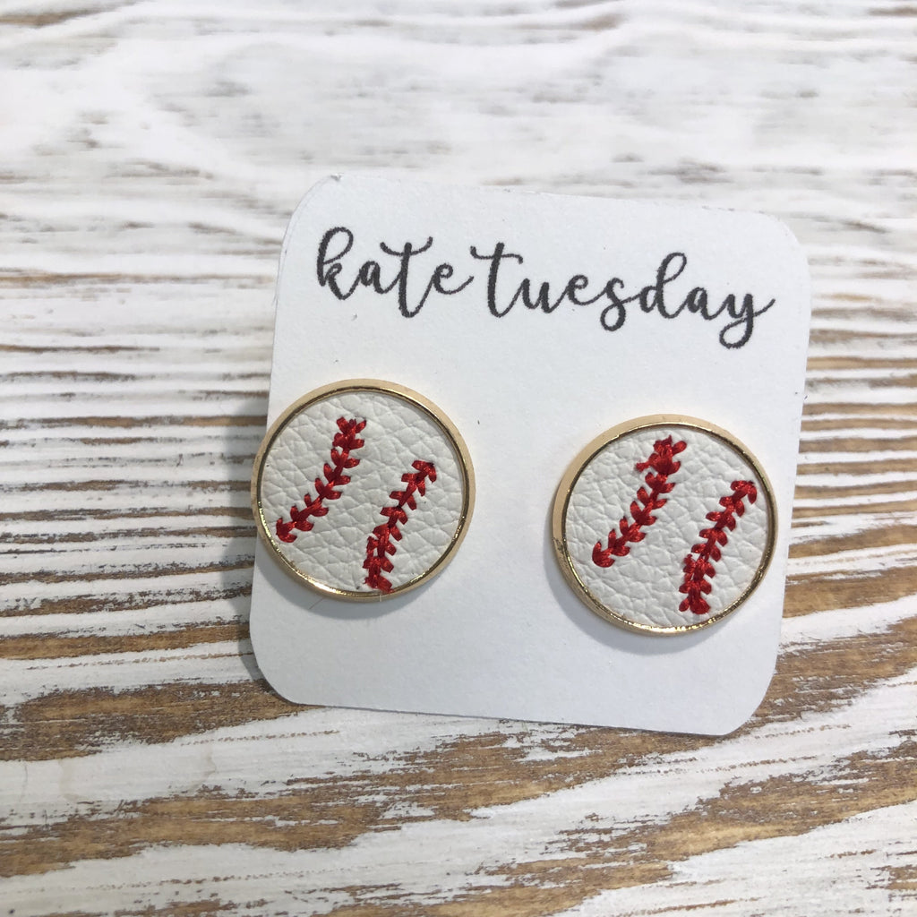 Baseball Leather Embroidered Stud Earrings 14mm