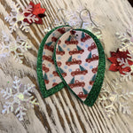 2 Layer Green Sparkle Red Trucks Holiday Leather Hang Earrings