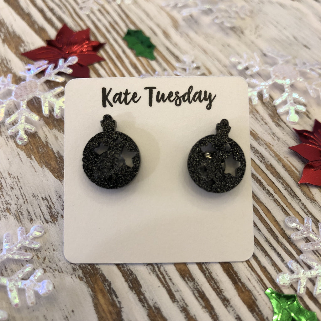 Black Glitter Ornament Holiday Acrylic Stud Earrings