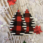 2 Layer Red Plaid Tree + Black White Stripe Holiday Leather Hang Earrings