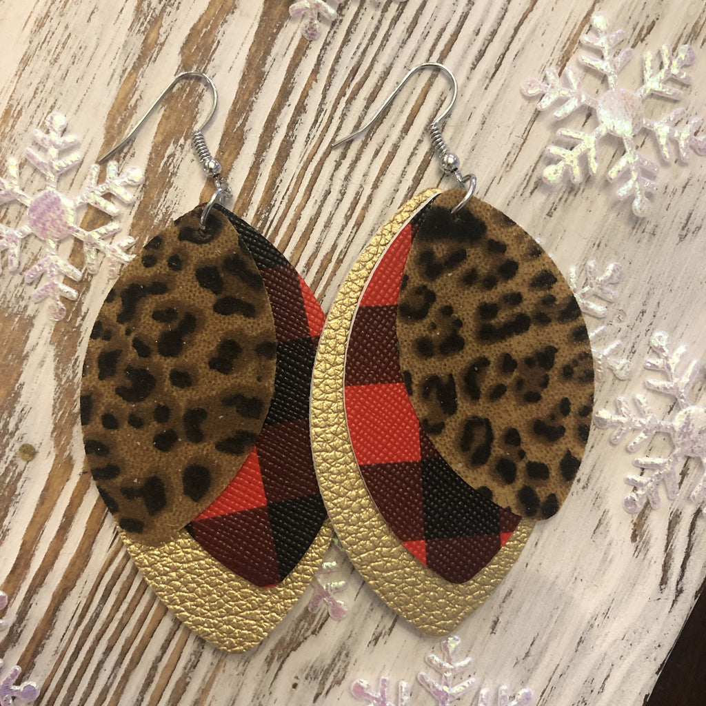 3 Layer Buffalo Plaid Cheetah Leopard Holiday Leather Hang Earrings