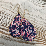 Blue Under The Sea Print Leather Hanging Gold Earrings