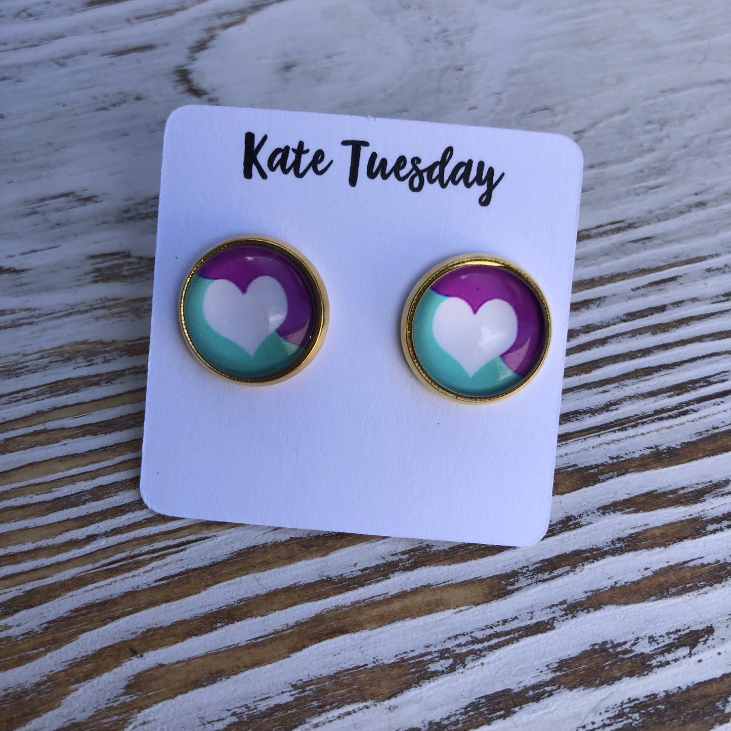 Purple White Turquoise Heart 12mm Earrings