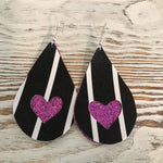 2 Layer Black White Stripe Magenta Glitter Heart Faux Leather Earrings
