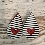 2 Layer Black White Stripe Red Glitter Heart Faux Leather Earrings