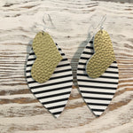 2 Layer Gold Heart Black White Stripe Faux Leather Earrings