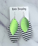 Black + White + Lime Green Striped Leather Hang Earrings
