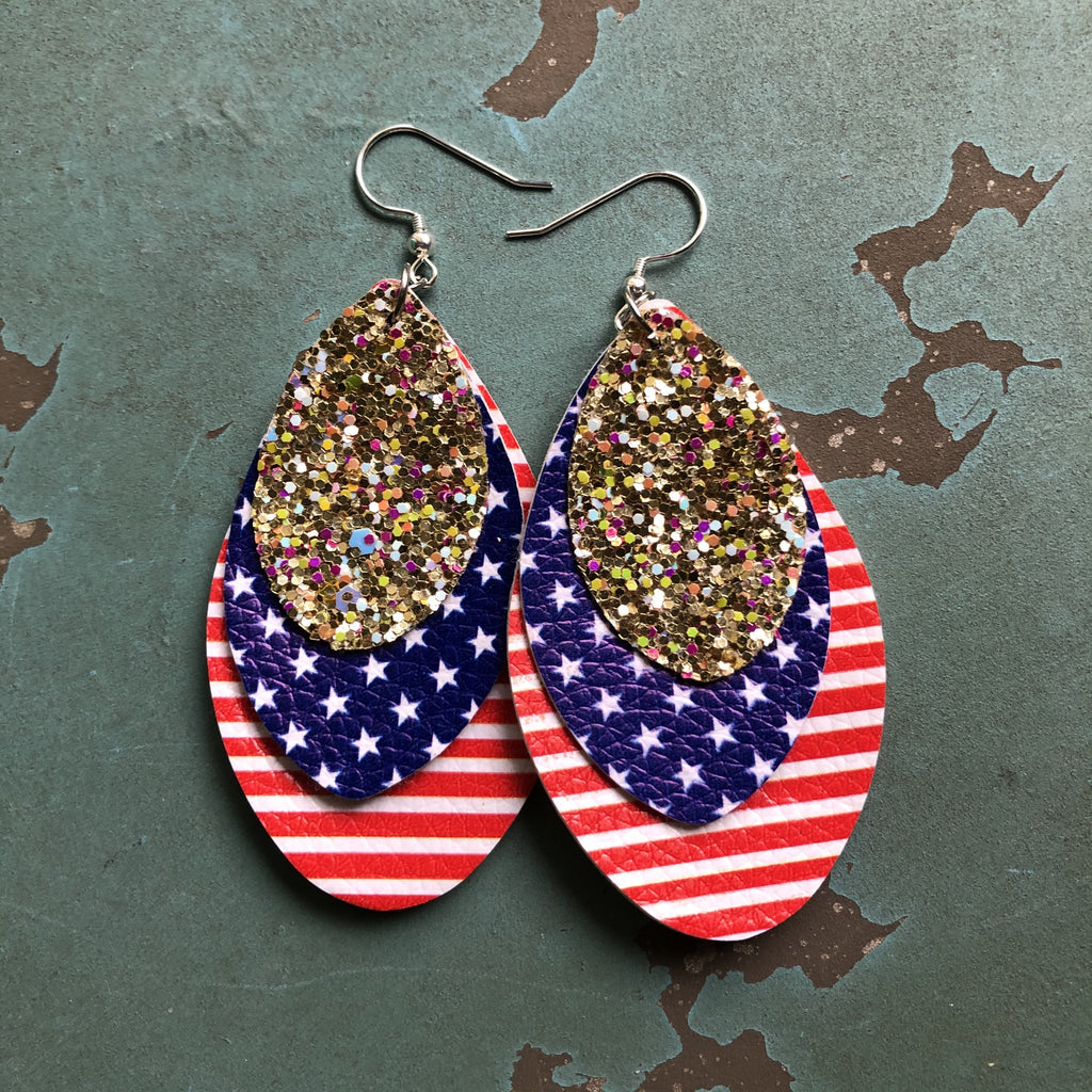3 Layer Faux Leather Gold Glitter Red White Blue 4th of July Earrings