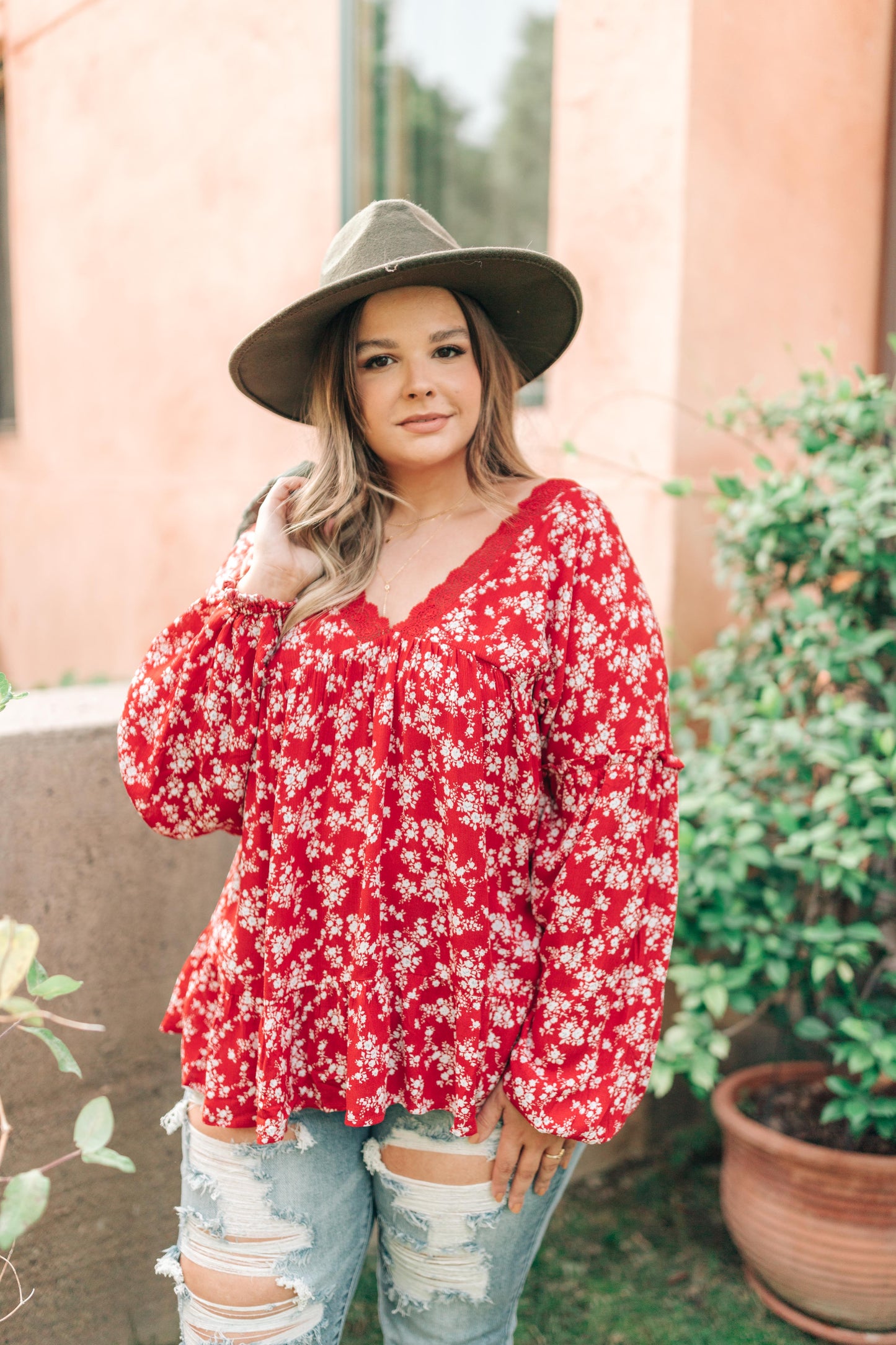Lace Trimmed Floral Blouse