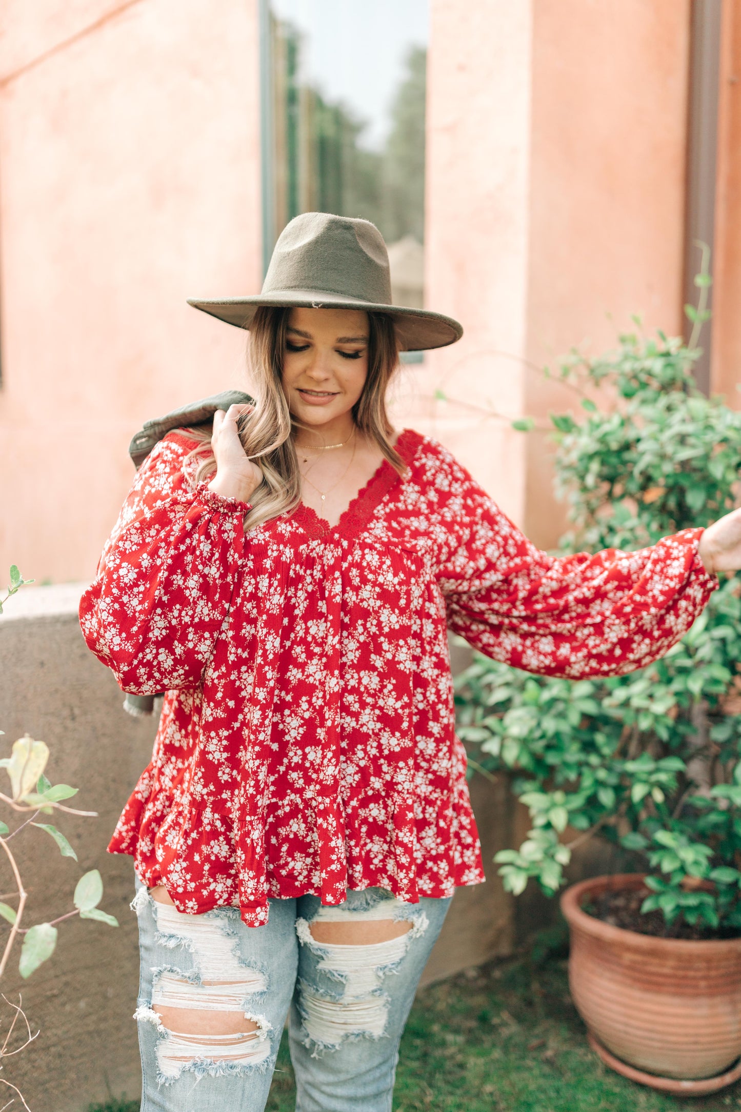 Lace Trimmed Floral Blouse