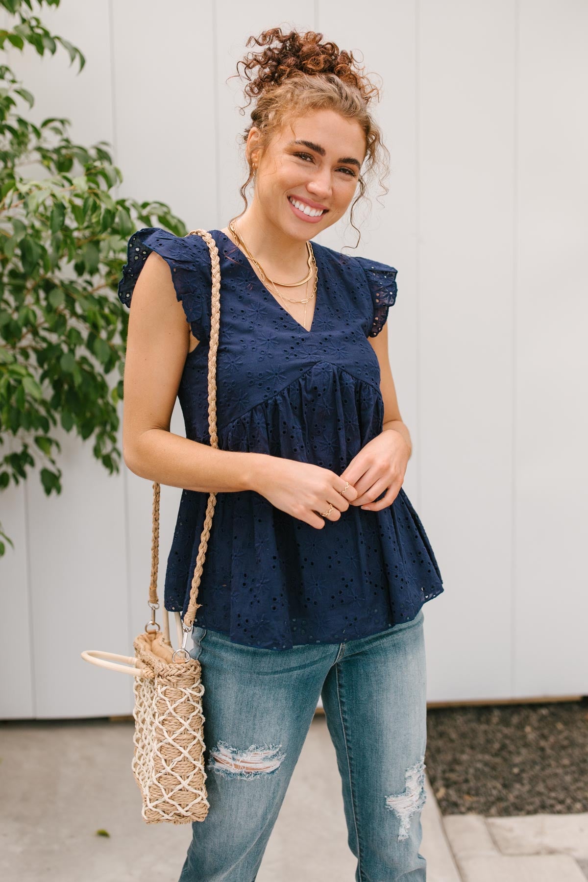 Lucy Eyelets Top in Navy
