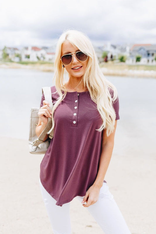 On The Button Basic Top In Plum