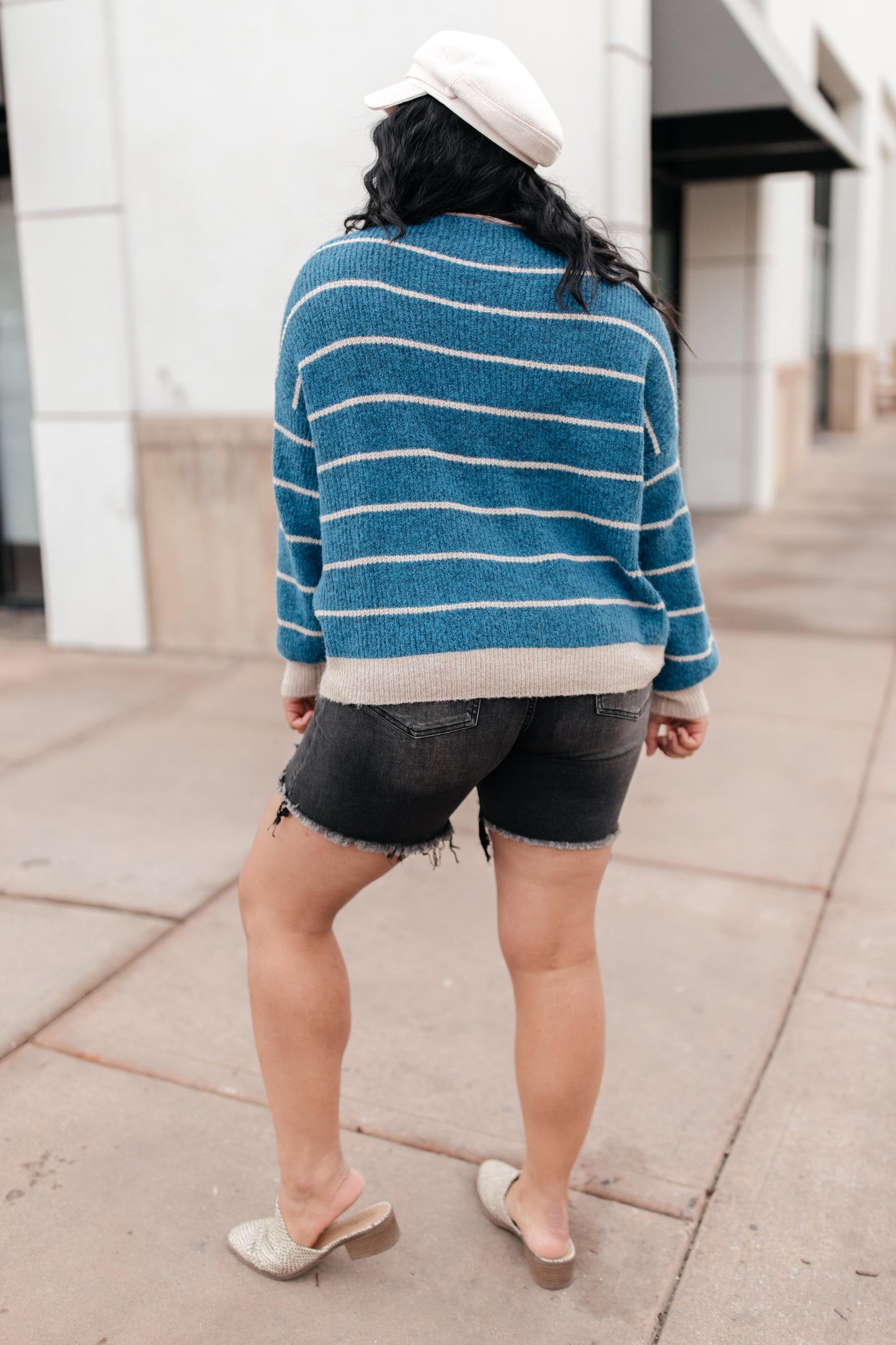 Ribbed and Striped Sweater in Teal